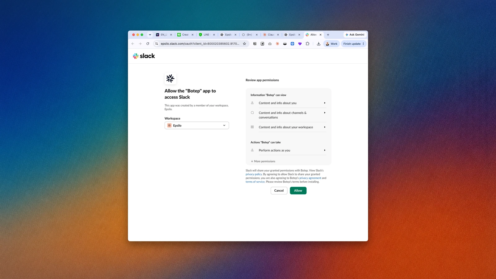 What Slack asks you to approve. Epsilo requests permission to post into the channels you pick and to read the channel list so it can offer you those choices. This is Slack's own consent screen, not ours.