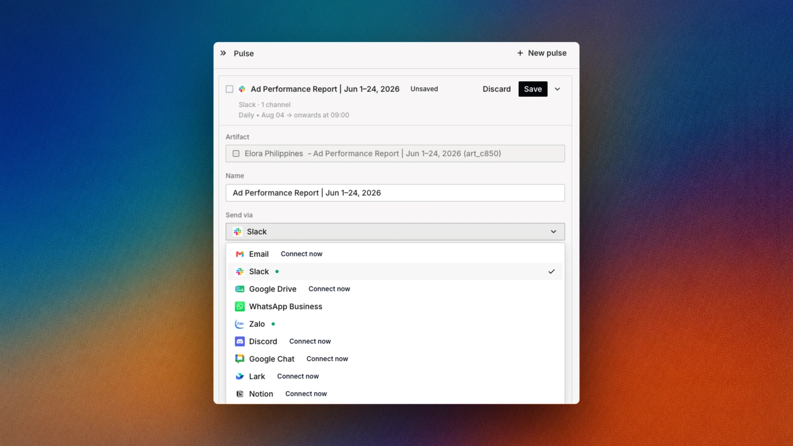 Choosing Slack as the destination. Connected apps carry a live dot, unconnected ones offer Connect now, and the tick marks where this report is going.