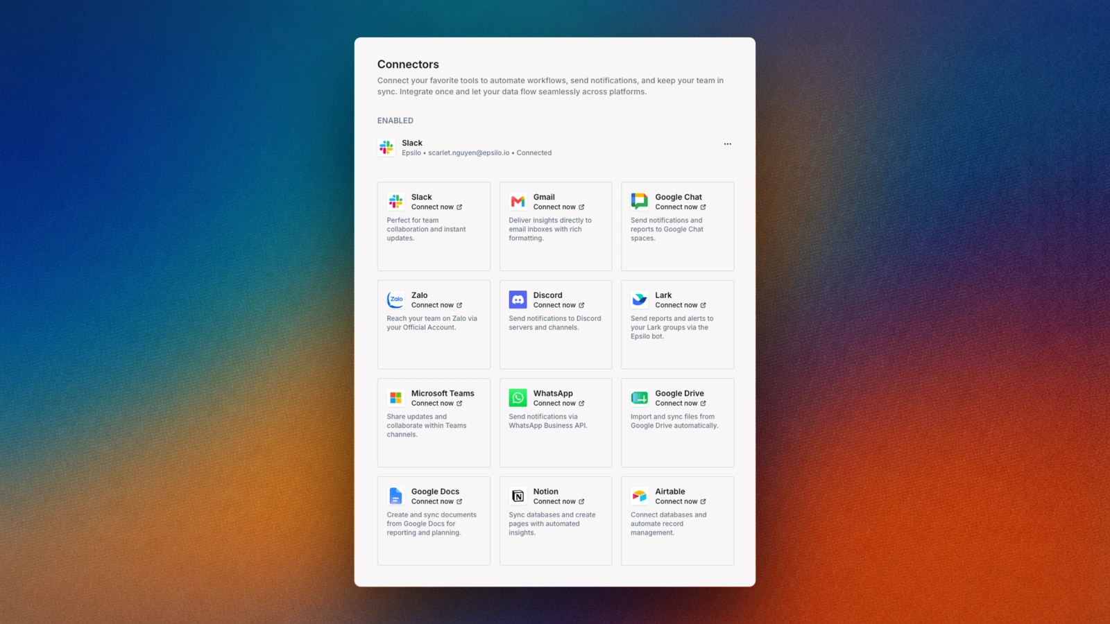 The Connectors page. Slack sits enabled at the top with the account it is connected as, above every other app you can route to: Gmail, Google Chat, Zalo, Discord, Lark, Teams, WhatsApp, Drive, Docs, Notion and Airtable.
