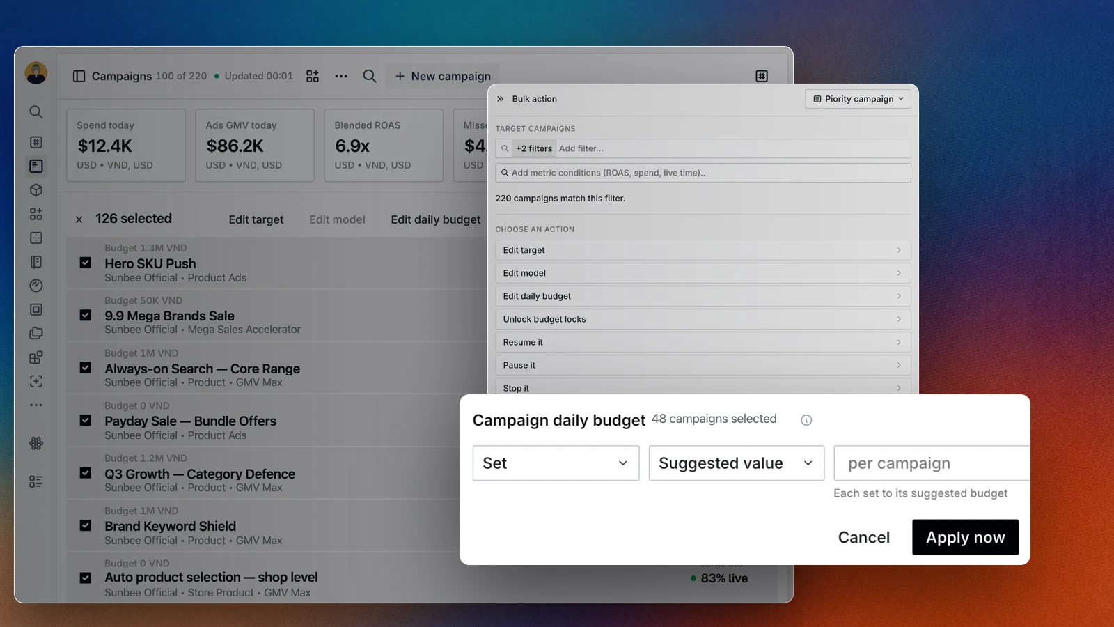 Inline-editing campaign attributes in bulk across selected campaigns