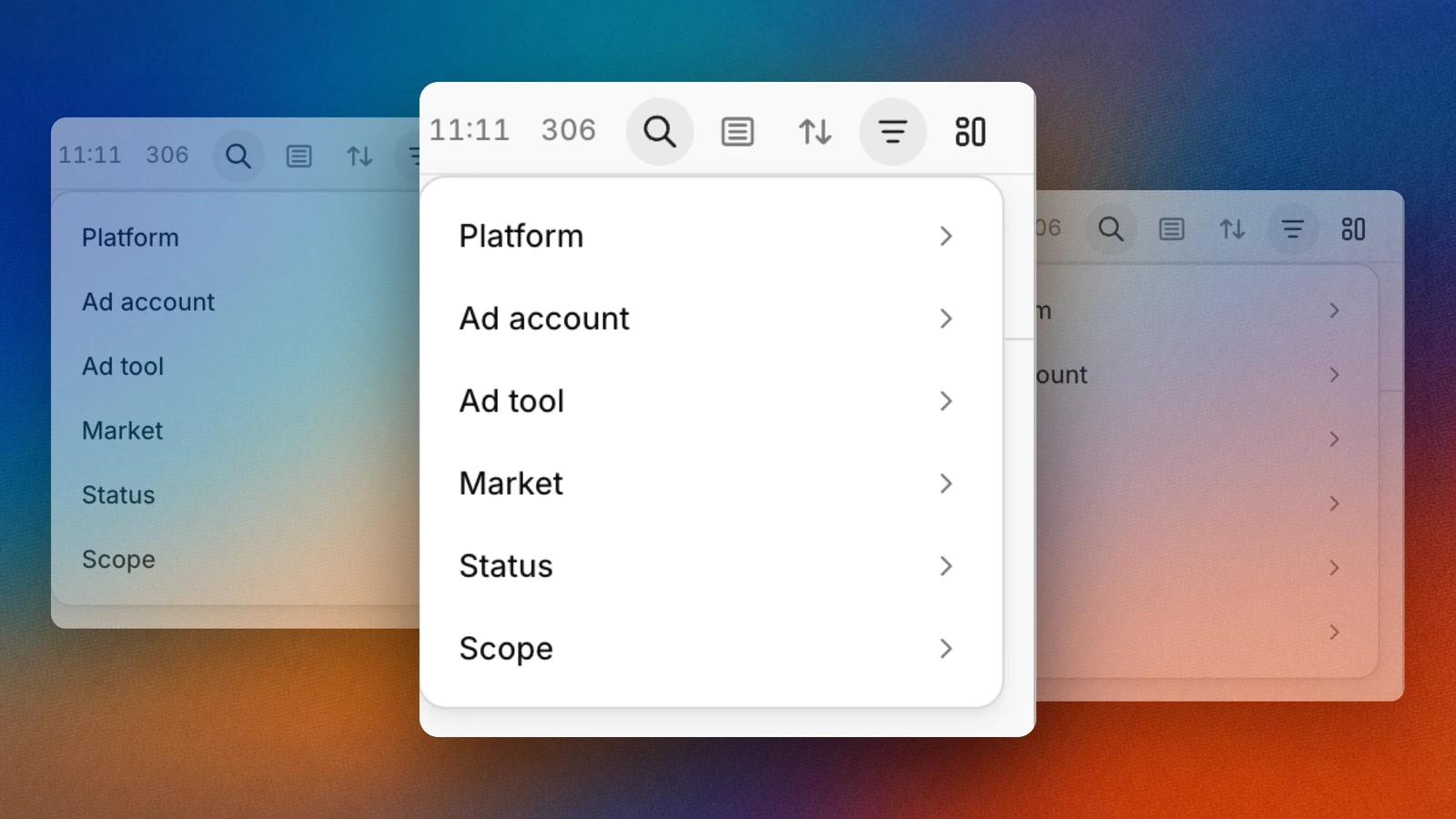 Pivoting the campaign table by platform, ad account, market, status or scope