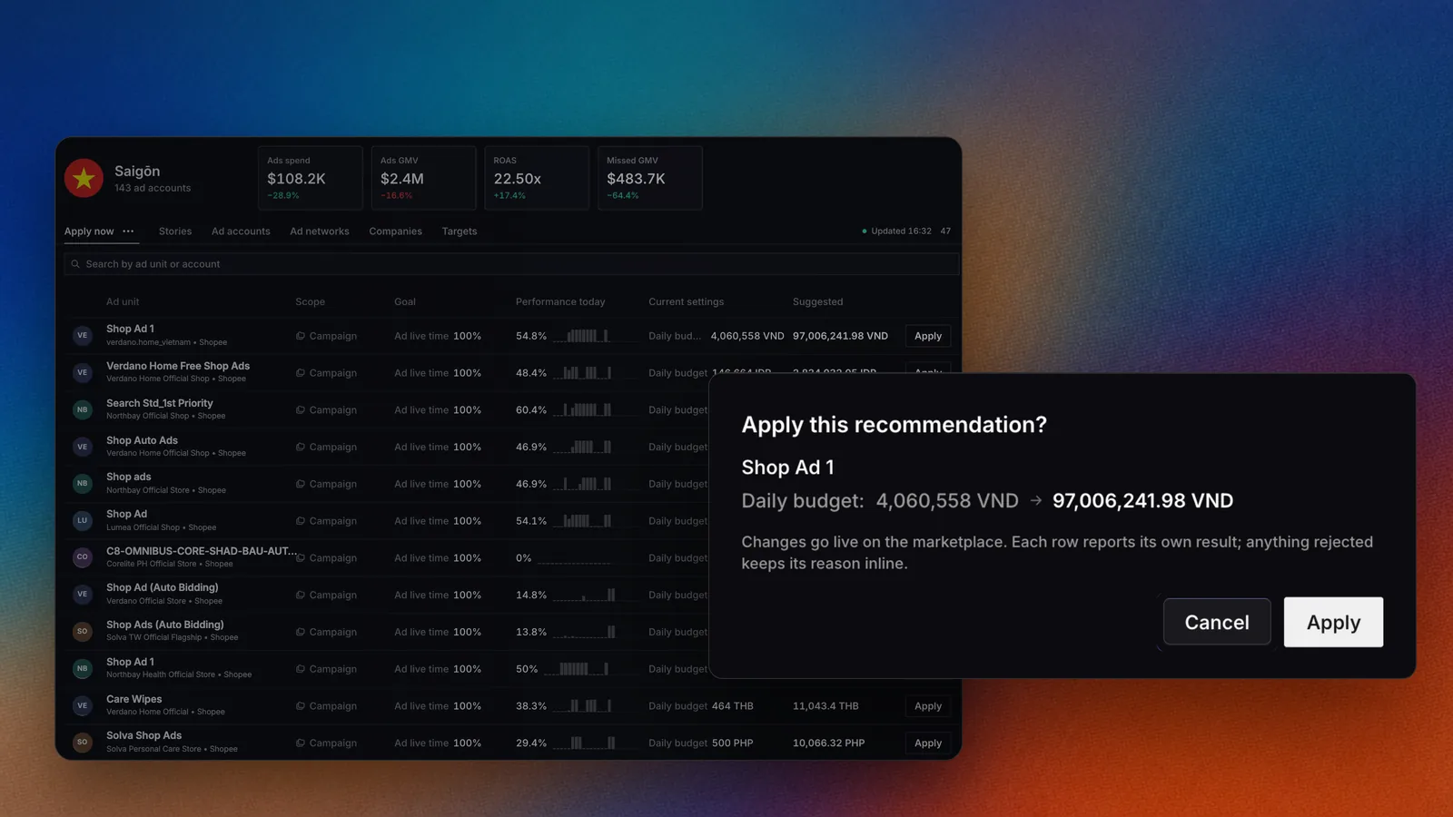 Applying one recommendation across thousands of campaigns at once